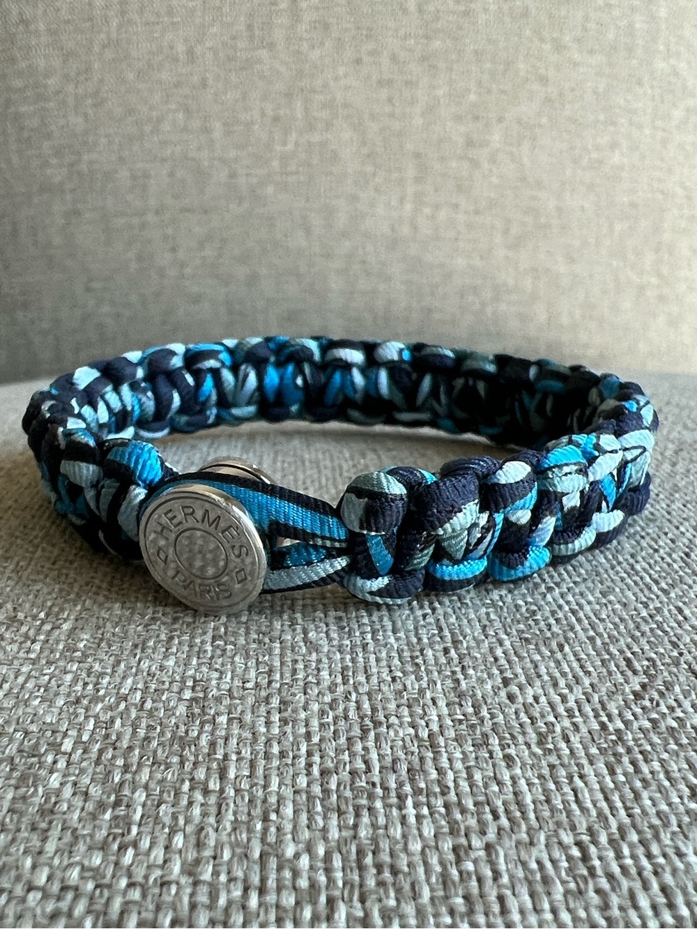 Hermes | Kid Silk Bracelet Blue Color with Palladium-plated Button Clasp
